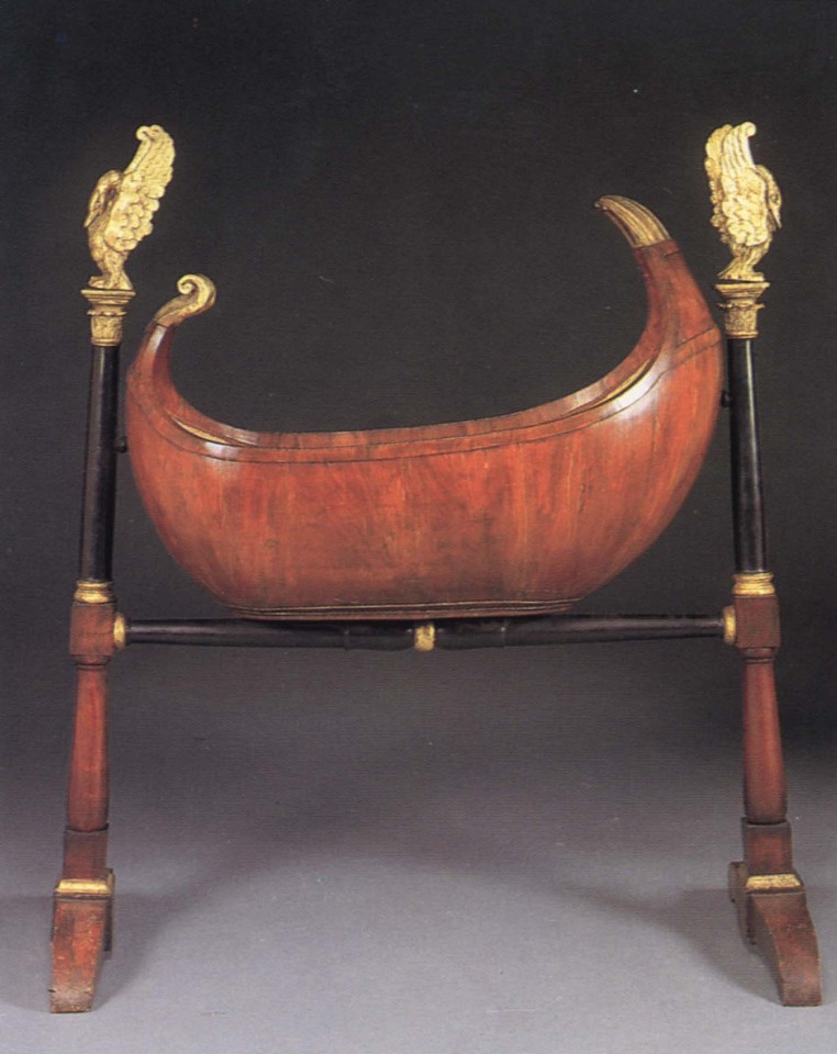 19th Century AUSTRIAN, Biedermeier Black Walnut, Ebonized and Parcel-Gilt Cradle, 1800-1825
Mixed woods, 59 1/2 x 49 1/4 x 20 1/2 in. (151.1 x 125.1 x 52.1 cm)
Rocking crib raised on ebonized columnar supports with corinthian capitals supporting later giltwood swans, the supports joined by a baluster-shaped stretcher ending in trestle legs.
BIE-003-FU
Appraisal Value: $0.00
User2: $0.00
User3: $0.00